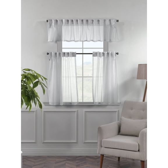 3S Brother's Sheer Curtains Kitchen Valance Set of 3 Hanging Rod Pocket Window Valance Treatments Decorative Valances Tiers Café Curtains ( Cream 50"x14"Valance - 24"x30"Tiers)