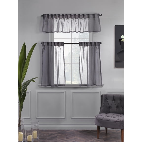 3S Brother's Sheer Curtains Kitchen Valance Set of 3 Hanging Rod Pocket Window Valance Treatments Decorative Valances Tiers Café Curtains ( Grey 50"x14"Valance - 24"x24"Tiers)