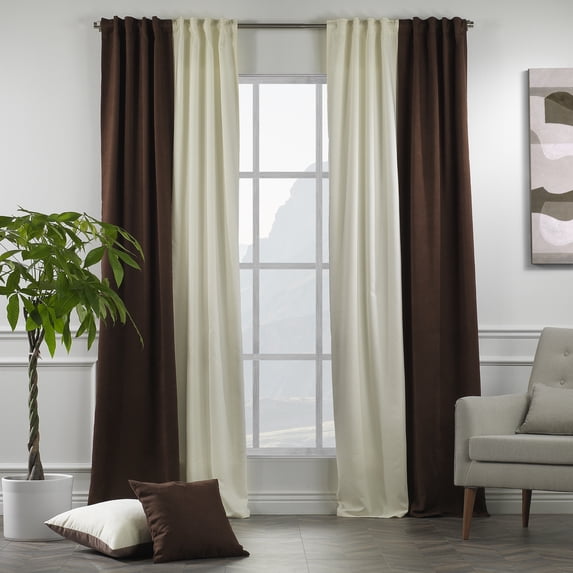 3S Brother's Solid Combined Mix and Match 4 Panels Curtains with 2 Color Combination Velvet Look Hanging Back Tap & Rod Pocket Bedroom Office Windows Luxury Home Decoration 28"x84" Cream-Dark Brown