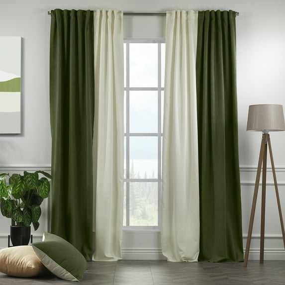 3S Brother's Solid Combined Mix and Match 4 Panels Curtains with 2 Color Combination Velvet Look Hanging Back Tap & Rod Pocket Bedroom Office Windows Luxury Home Decoration 28"x84" Cream-Forest Green