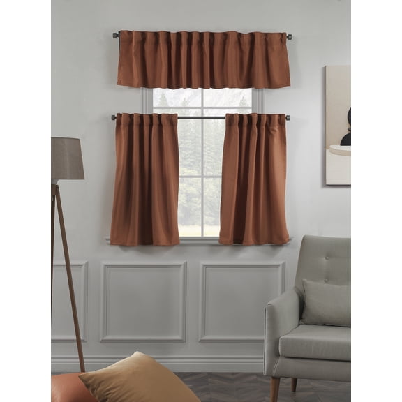 3S Brother's Solid Linen Look Curtains Drapes Kitchen Valance Set of 3 Hanging Rod Pocket Window Valance Treatments Decorative Valances Tiers Café Curtains (Brick 50"x14"Valance - 24"x24"Tiers)