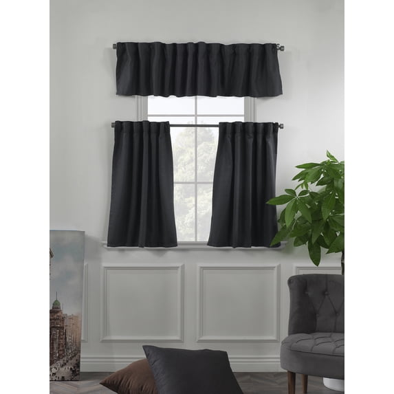 3S Brother's Solid Linen Look Curtains Drapes Kitchen Valance Set of 3 Hanging Rod Pocket Window Valance Treatments Decorative Valances Tiers Café Curtains (Anthracite 50"x14"Valance - 24"x30"Tiers)