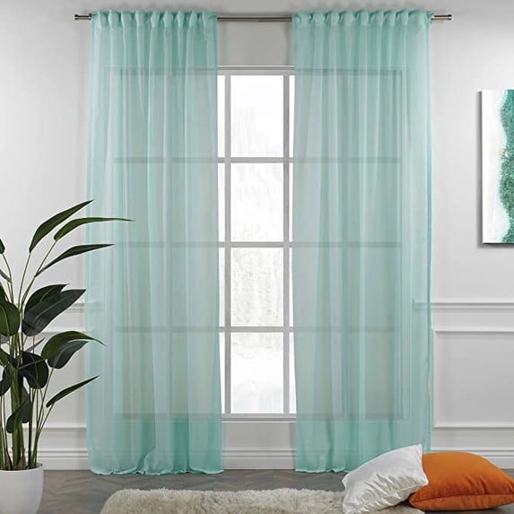 3S Brother's Teal Grean Linen Look Extra Long Set of 2 Panels Sheer Curtains Rod Pocket & Back Tab Home Décor Window Custom Made Drapes 10-30 Ft. Long -Made in Turkey Each Panel (100"W x 240"L)
