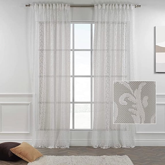 3S Brother's White Lace Sheers Extra Long Floral Style Curtains Set of 2 Panels Rod Pocket & Back Tab Home Décor Window Custom Made Drapes 10-30 Ft. Long -Made in Turkey Each Panel (52"W x 288"L)