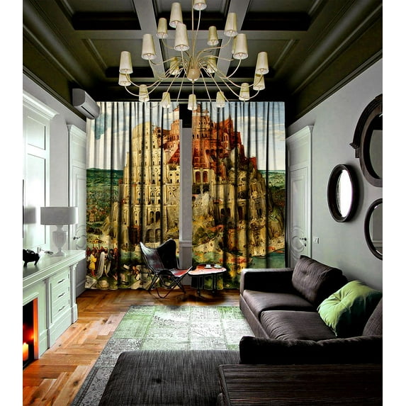 3S Brother's World Classic Art Masterpiece Curtain Series Pieter Brueghel - The Tower of Babel Room Darkening Décor 2 Curtain Panels Made in Turkey - Each Panel (52"Wx72"L)