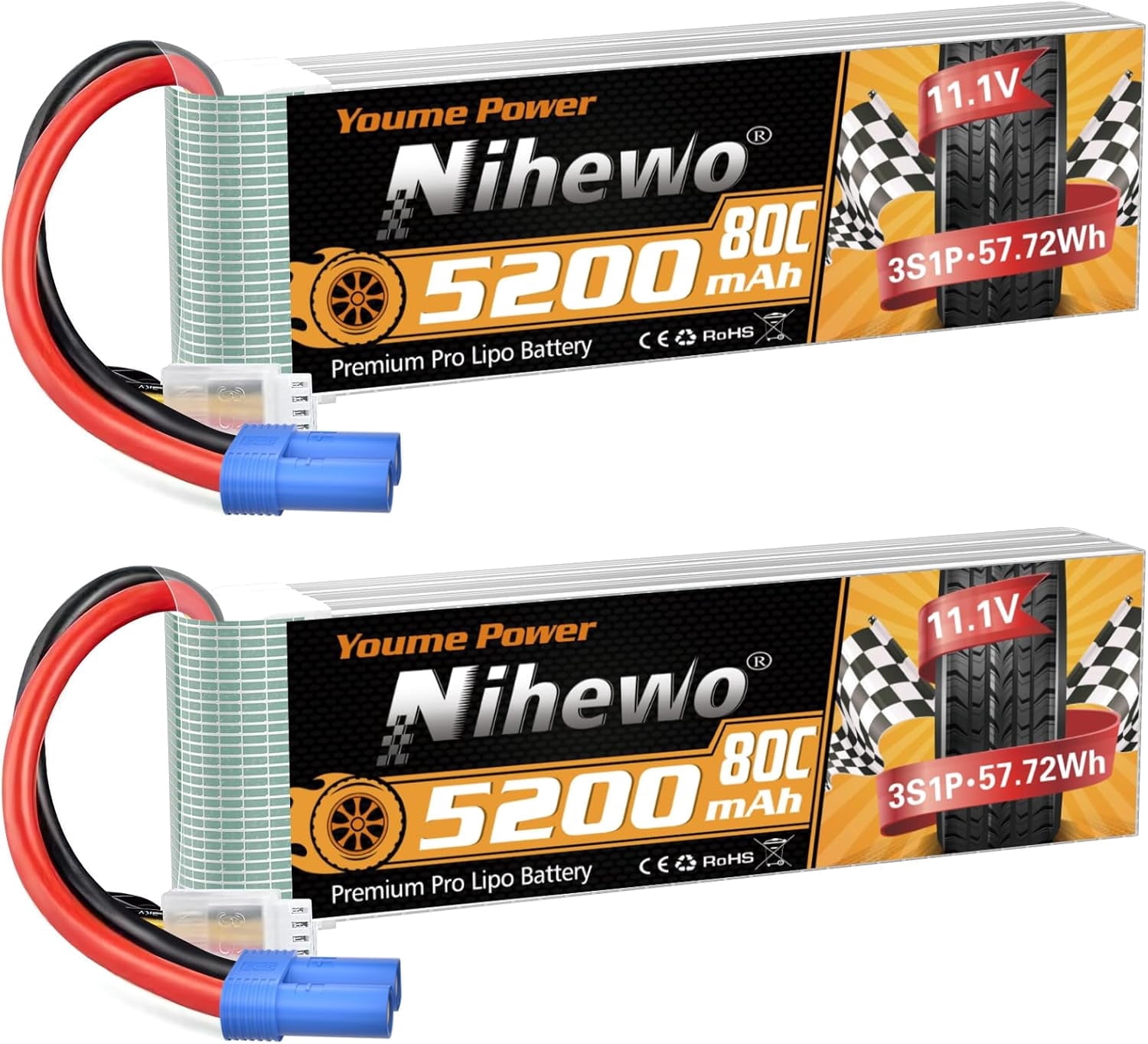 3S Lipo Battery 5200mAh 11.1V RC Battery 80C Soft Case with EC5 Connector Compatible with 1/8 1/10 RC Car Truck Truggy Boat Airplane Drone FPV(2 Packs)