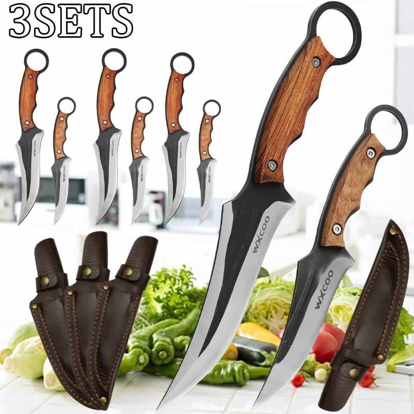 3SETS Professional Edc Knife Set Including Kitchen Chef Knife Stainless Steel Boning Utility and Cutting Knives with Cover for Outdoor Camping Fish Kitchen Supplies Durable Hand Forged Knives