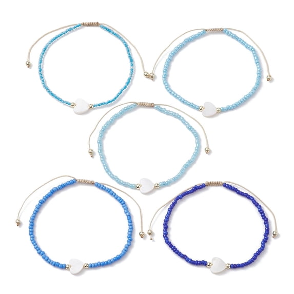 3Set 5Pcs 5 Colors Natural Shell Heart & Seed Bead Bracelets Set Adjustable Synthetic Hematite Stackable Bracelets Blue Inner Diameter: 2-1/4~3-3/8 inch(5.6~8.7cm) 1Pc/color