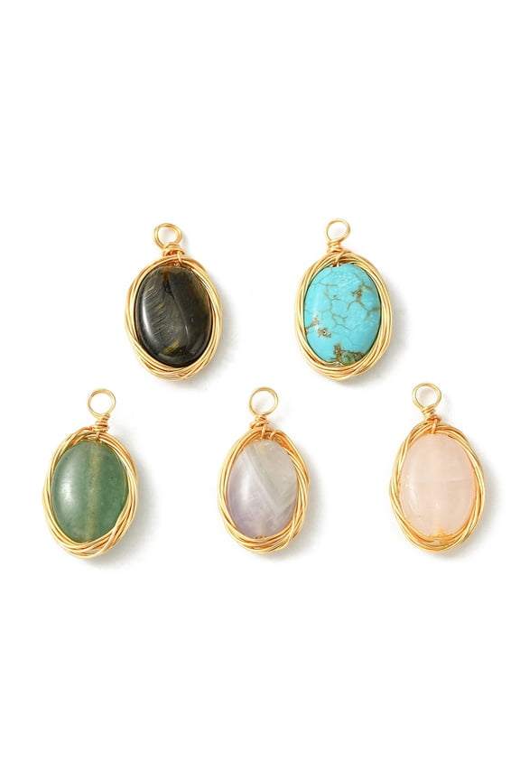 3Set 5Pcs 5 Styles Natural Mixed Stone Copper Wire Wrapped Pendants Oval Charms Light Gold Mixed Dyed and Undyed 21~23x12~12.5x5~6mm Hole: 3mm 1pc/style