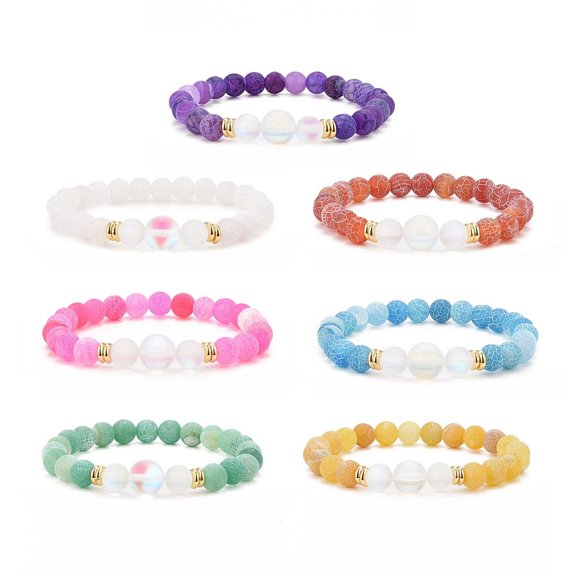 3Set 7Pcs 7 Color Natural Weathered Agate(Dyed) & Synthetic Moonstone Round Beaded Stretch Bracelets Set Gemstone Stackable Bracelets for Women Mixed Color DIY