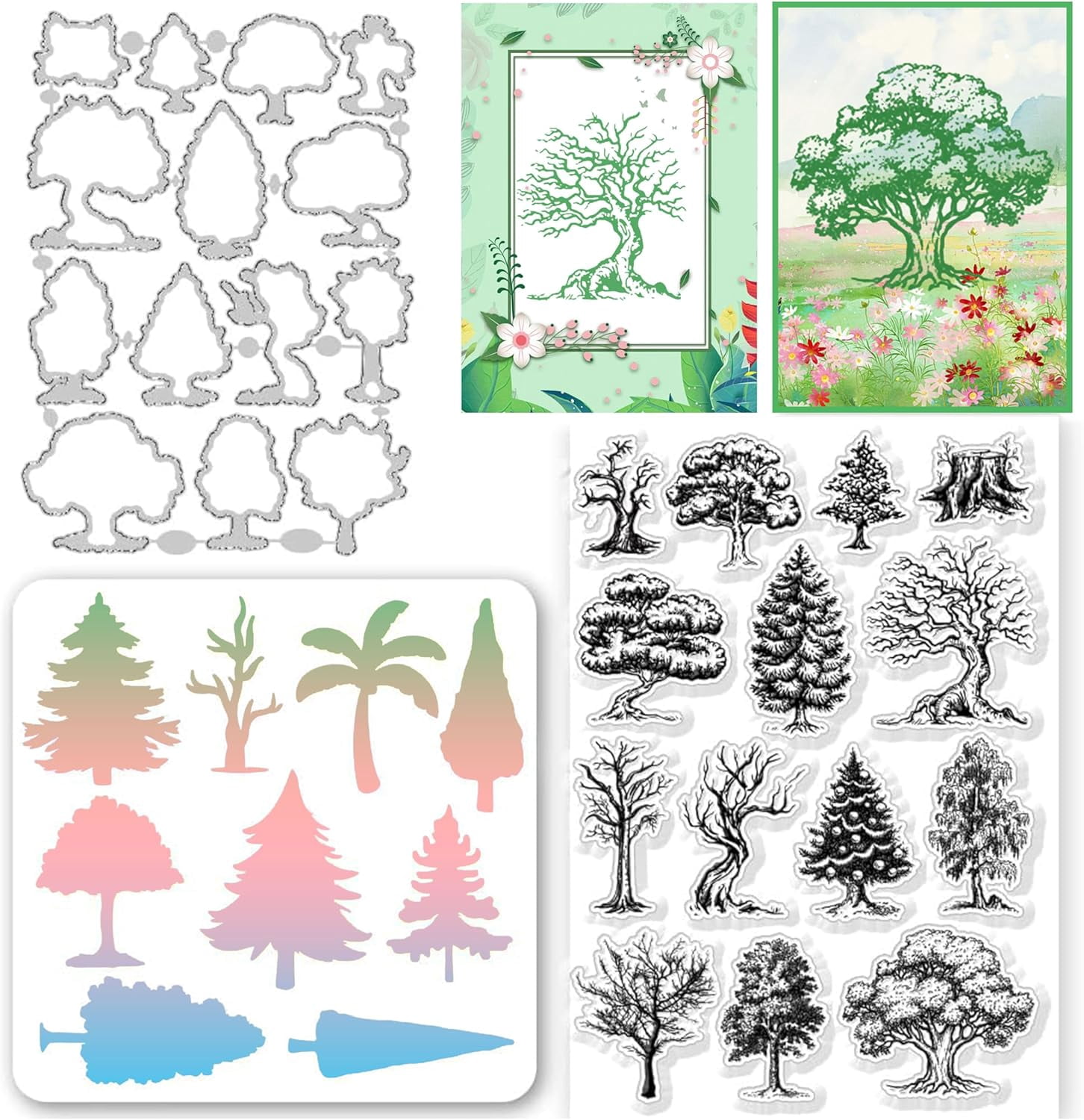 3Set Layered Tree Silicone Clear Stamps Metal Tree Cutting Die Cuts PET ...