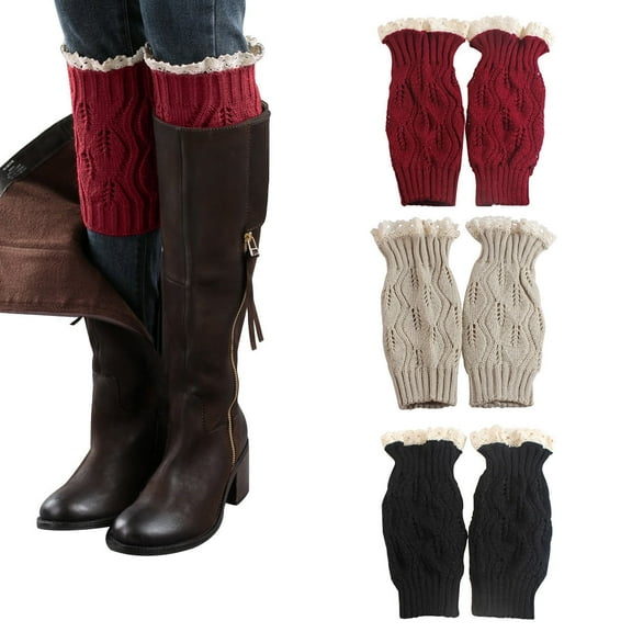 3Set of Leg Warmers - Women Cable Knit Crochet Boot Cuffs - Thick Warm Winter Socks Crew Cushion - Lace Knitted Boot Sock Cuffs - Perfect Gift Beige Red Black