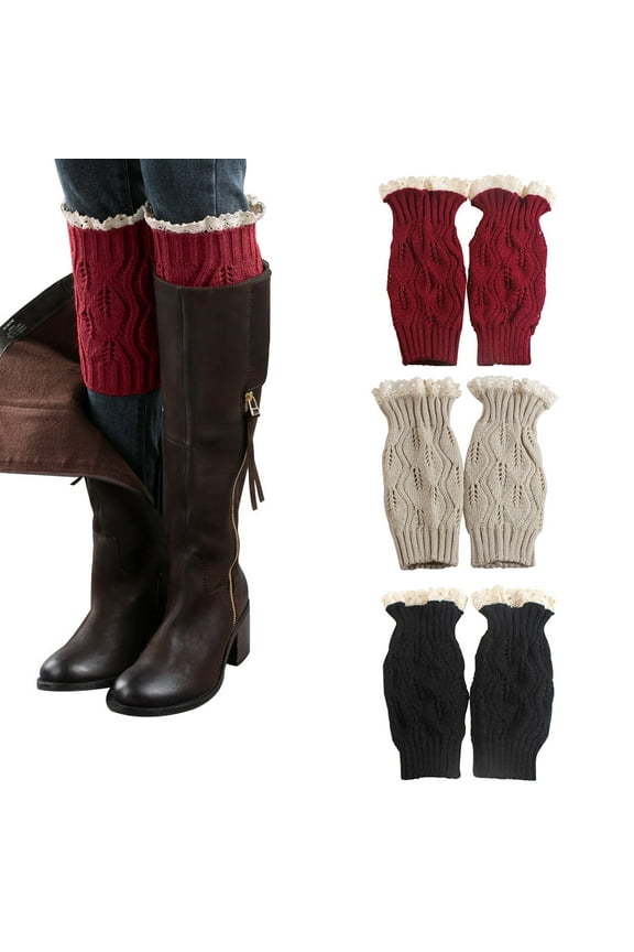 3Set of Leg Warmers - Women Cable Knit Crochet Boot Cuffs - Thick Warm Winter Socks Crew Cushion - Lace Knitted Boot Sock Cuffs - Perfect Gift Beige Red Black