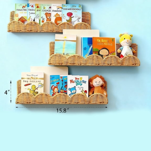 3Set Nursery Book Shelves,Artisanal Natural Rattan Scalloped Bookshelf for Wall,Boho Floating Book Shelves for Kids,Wicker Baby Book Shelf & Wall Basket for Nursery Storage,Montessori Bookcase 15.8"