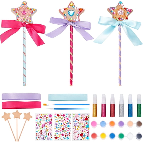 3Set Princess Wand Kit Include Wands Gem Stickers Ribbons Make Your Own Princess Wand Magic Fairy Wand Stick Unfinished Wooden DIY Wands