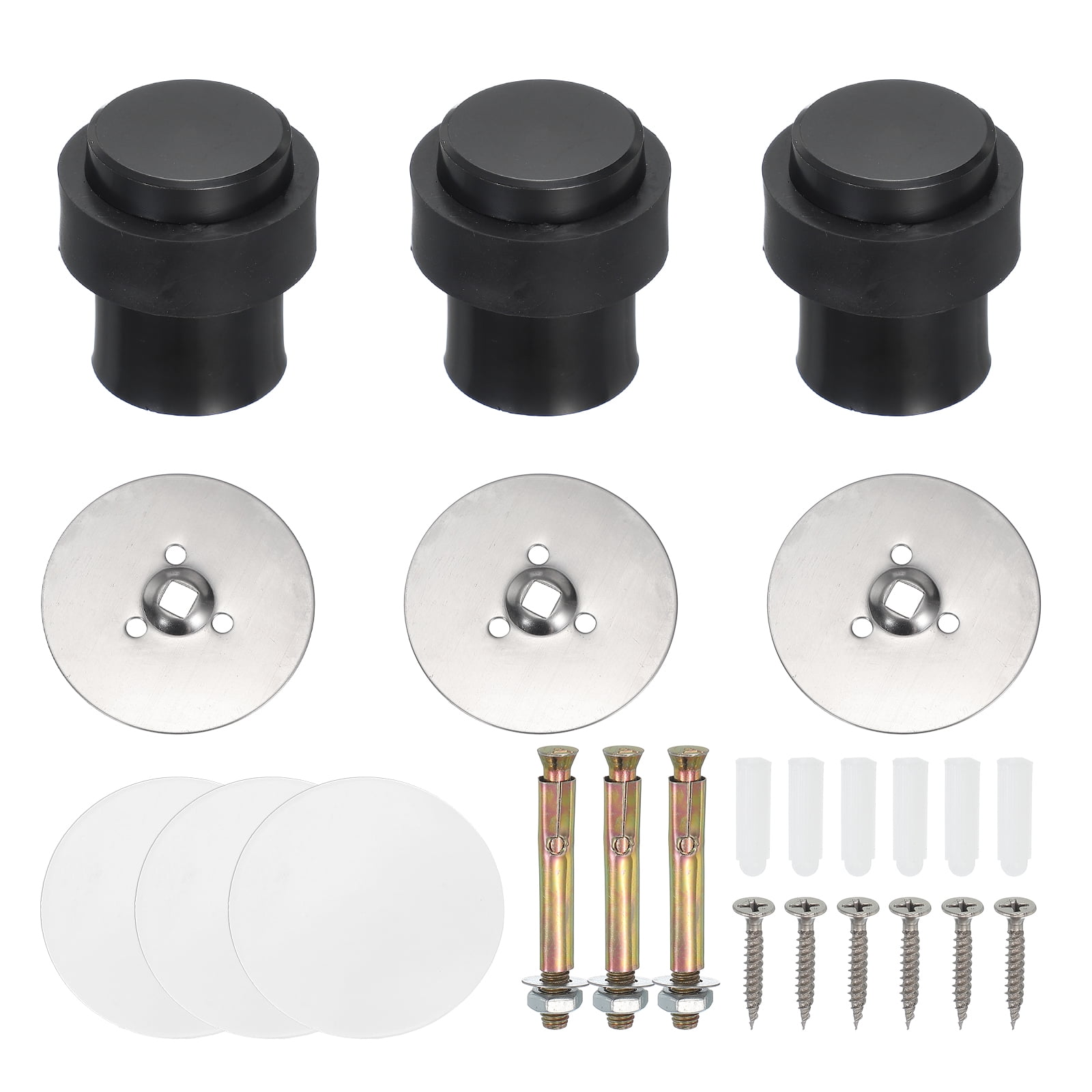 3Set Round Door Stoppers, 46mm Stainless Steel Door Stop Doorstop Wedge Metal Cylinder Self Adhesive with Screw for Bottom of Door Floor Inside, Black
