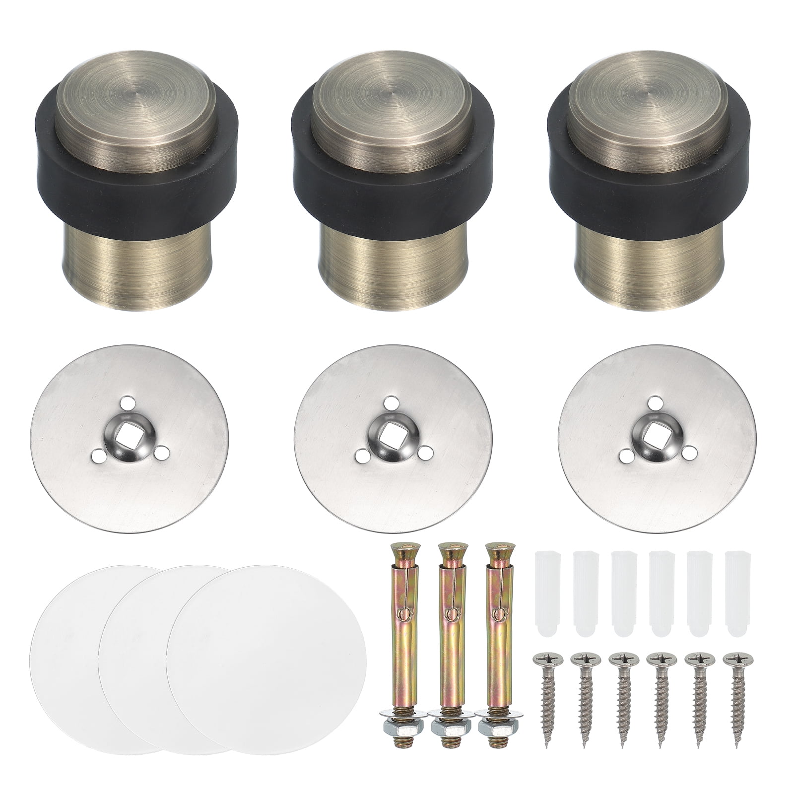 3Set Round Door Stoppers, 46mm Stainless Steel Door Stop Doorstop Wedge Metal Cylinder Self Adhesive with Screw for Bottom of Door Floor Inside, Bronze