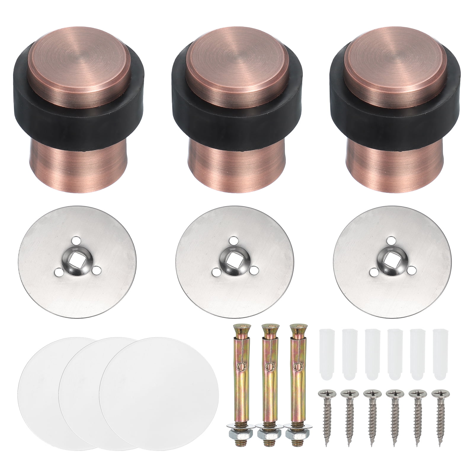 3Set Round Door Stoppers, 46mm Stainless Steel Door Stop Doorstop Wedge Metal Cylinder Self Adhesive with Screw for Bottom of Door Floor Inside, Copper Tone
