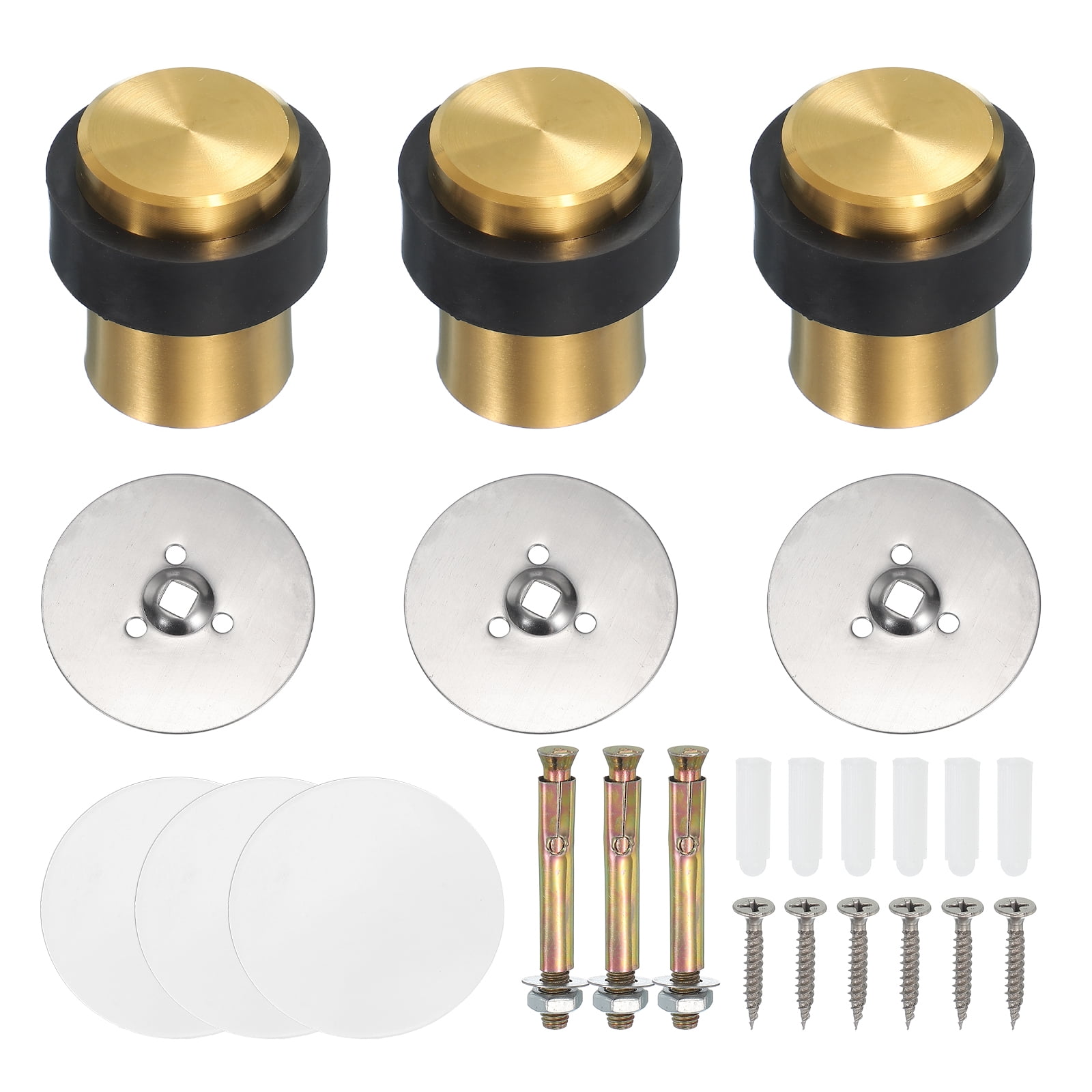 3Set Round Door Stoppers, 46mm Stainless Steel Door Stop Doorstop Wedge Metal Cylinder Self Adhesive with Screw for Bottom of Door Floor Inside, Gold Tone