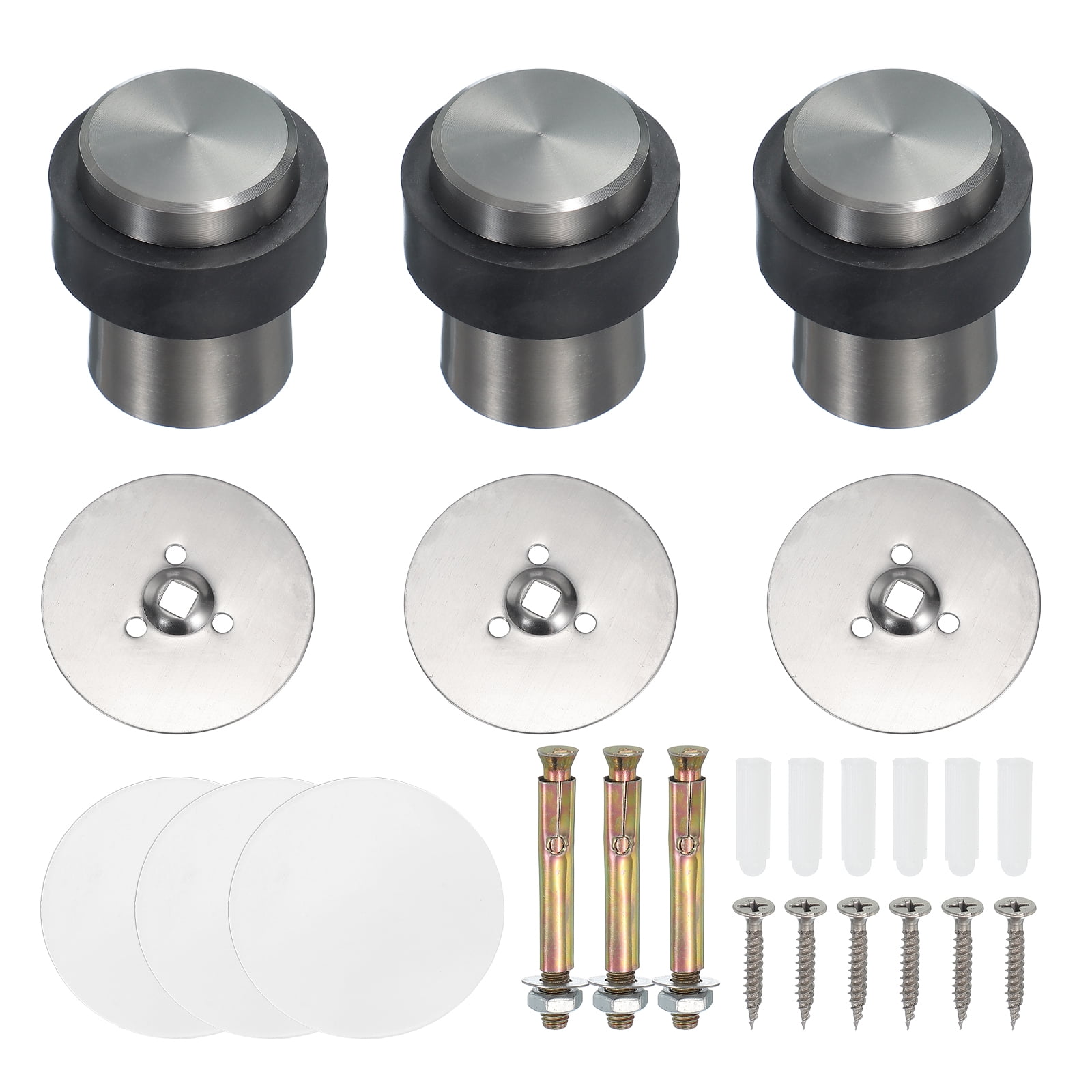 3Set Round Door Stoppers, 46mm Stainless Steel Door Stop Doorstop Wedge Metal Cylinder Self Adhesive with Screw for Bottom of Door Floor Inside, Gray