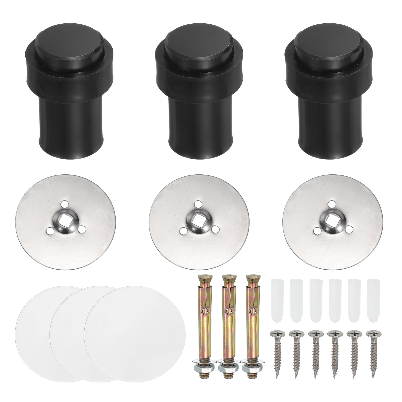 3Set Round Door Stoppers, 60mm Stainless Steel Door Stop Doorstop Wedge Metal Cylinder Self Adhesive with Screw for Bottom of Door Floor Inside, Black