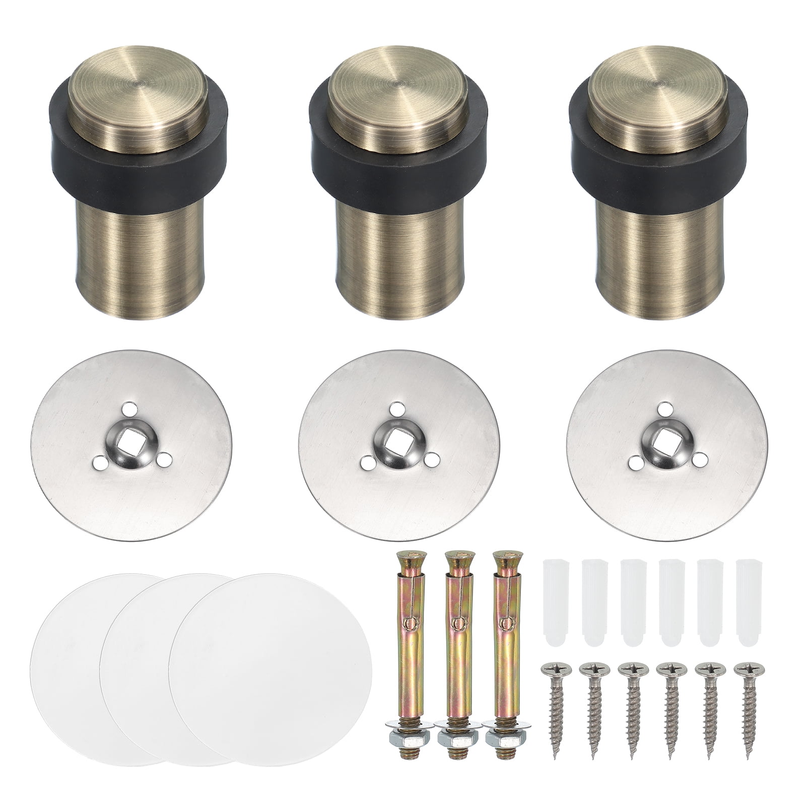 3Set Round Door Stoppers, 60mm Stainless Steel Door Stop Doorstop Wedge Metal Cylinder Self Adhesive with Screw for Bottom of Door Floor Inside, Bronze