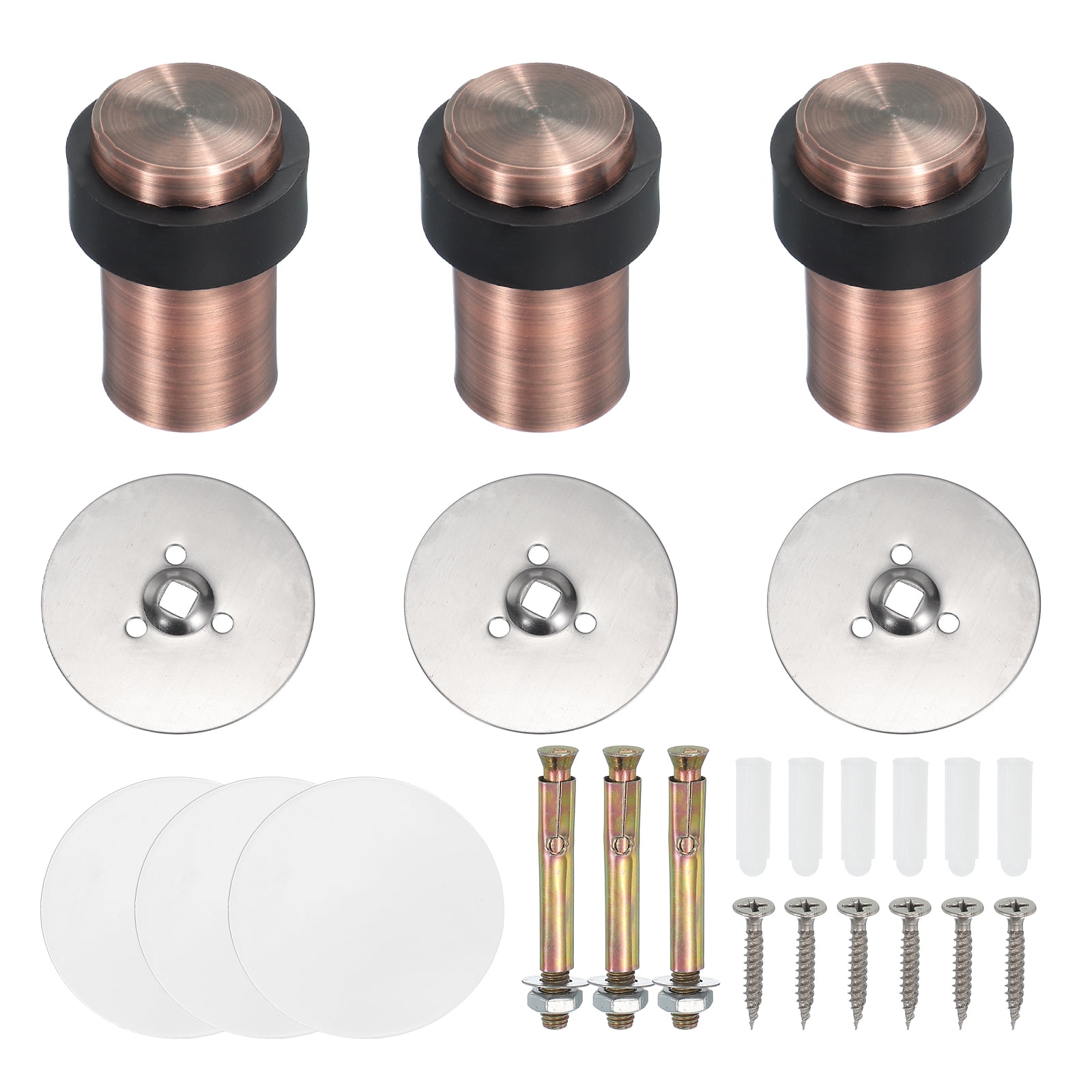 3Set Round Door Stoppers, 60mm Stainless Steel Door Stop Doorstop Wedge Metal Cylinder Self Adhesive with Screw for Bottom of Door Floor Inside, Gold Tone