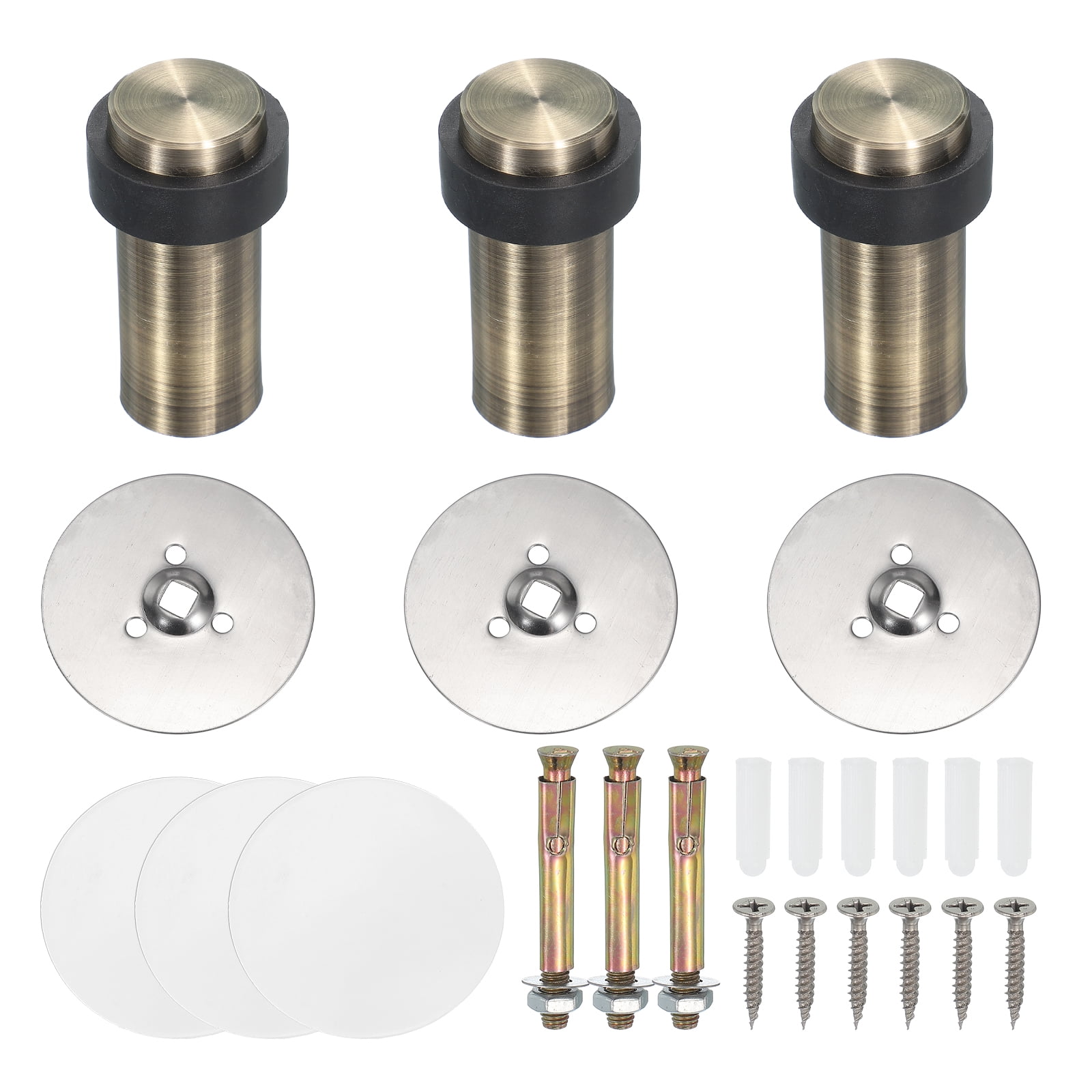 3Set Round Door Stoppers, 80mm Stainless Steel Door Stop Doorstop Wedge Metal Cylinder Self Adhesive with Screw for Bottom of Door Floor Inside, Bronze