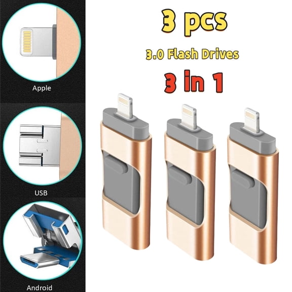 Jahy2Tech 3pc of 64GB USB 3.0 Flash Pen Drives - Compatible with USB, iOS, and Micro Devices,All-in-One Memory Solution