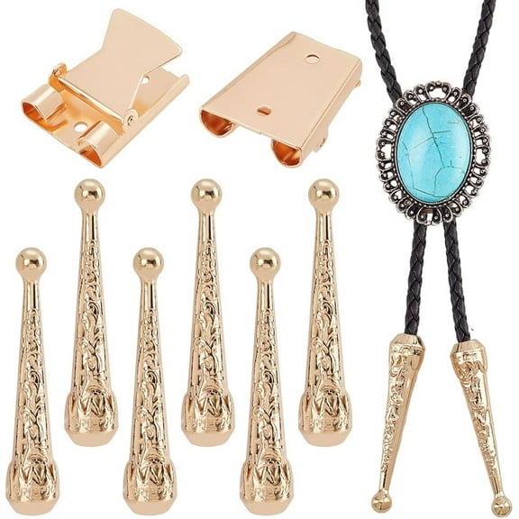 3Sets Bolo Tie Findings Bolo Tie Tips Replacement End Caps Kit Bolo Tie Buckle Accessories with 6Pcs Alloy Cord End and 3Pcs Iron Bolo Tie Slide Clasps Light Gold