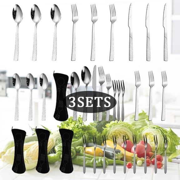 3Sets Stainless Steel Silverware Tableware with Square Handle Thickened Design for Steak and Burger Serving Snakeskin Western Kitchen Silverware Set Creative Hammered Pattern Flatware Collection