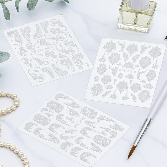3Sheets 3 styles Flower PVC Nail Sticker White 7.9x6x0.06cm 1sheet/style