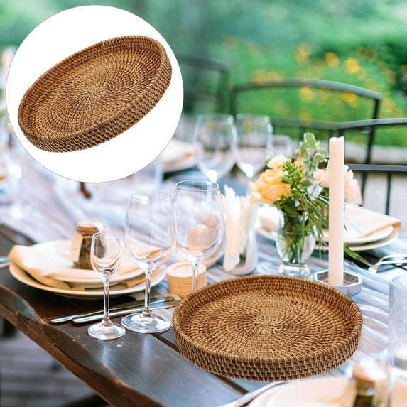 3Sizes Round Rattan Serving Tray for Dinner Parties Decor,Round Fruit Plate Round Rattan Tray Decorative Coffee Table Tray Handwoven Ottoman Decorative Wicker Tray for Home and Kitchen,22cm,9x1.2"