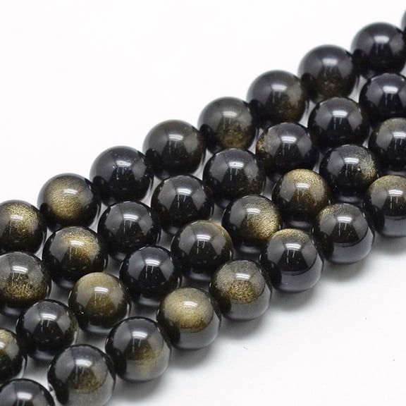 3Strand Natural Golden Sheen Obsidian Beads Strands Grade A Round 8~9mm Hole: 1mm about 45~48pcs/strand 15.7 inch