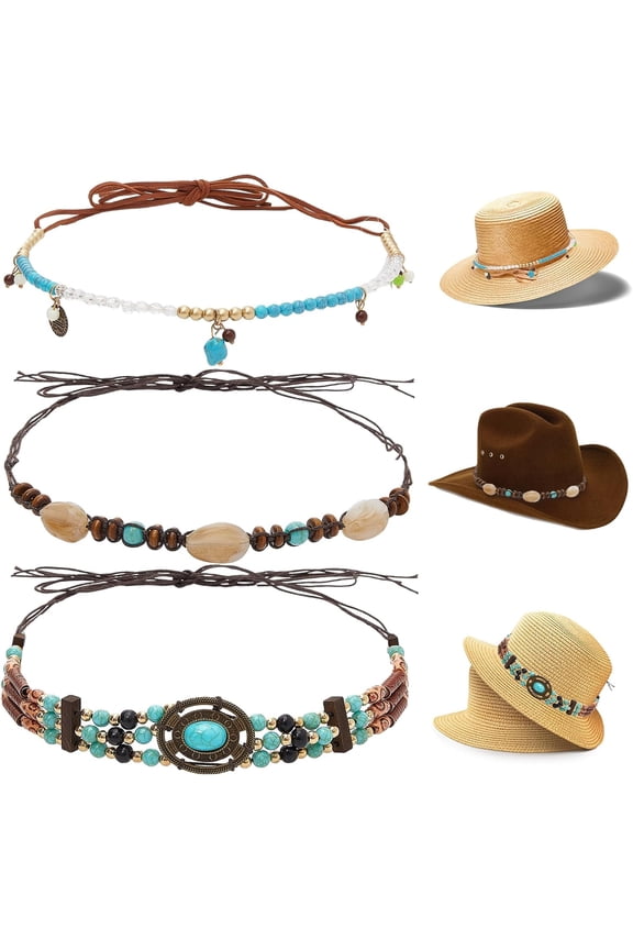 3Styles Cowboy Hat Band Ethnic Style Wax Cord Hat Belts Adjustable Hat Band for Cowboy Cowgirl Hats Accessories Hat Decoration