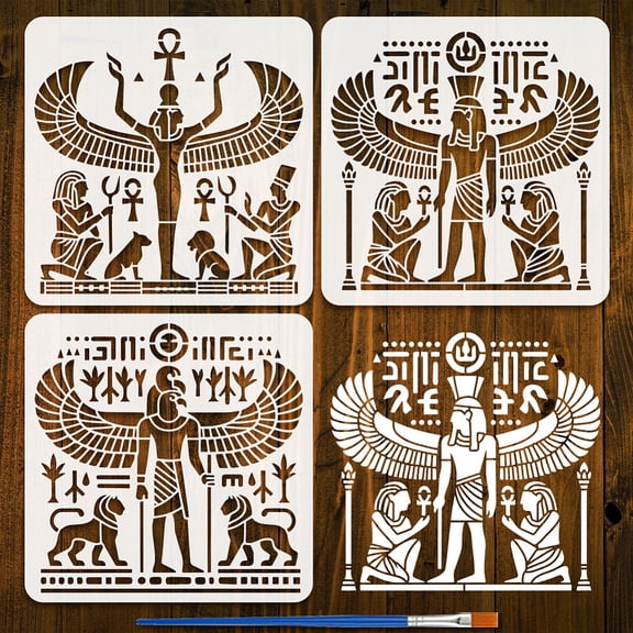 3Styles Egyptian Murals Stencils with a Paint Brush 11.8x11.8 Inch Reusable Deities Pattern Stencil PET Pharaohs Decoration Stencils Egyptian Themes