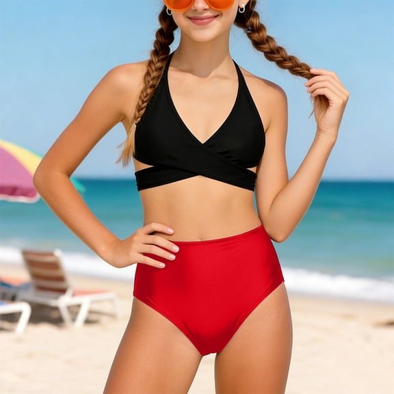 3T 4T Bikini Teen Bathing Suits For Teens Bikini Set Solid Color V-Neck Two Piece Bathing Suit
