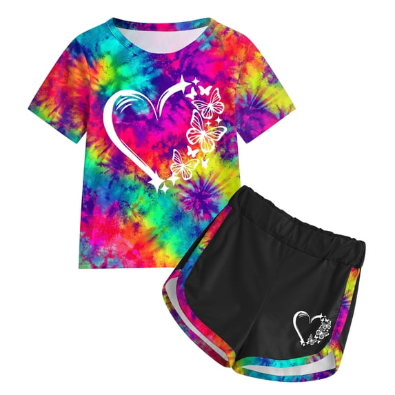 3T 4T Girl Clothes Graphic Kids Girl Clothes Tie Dye Heart Print Short Sleeve Top and Shorts Toddler Girl Summer Outfits Short Set