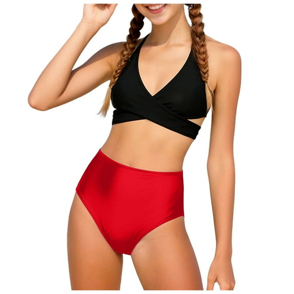 3T 4T Teen Swimsuits Teen Bathing Suit Bikini Set Solid Color V-Neck Two Piece Bathing Suit