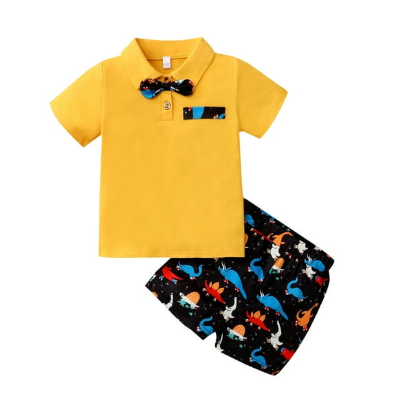 3T Baby Boy Clothes 4T Toddler Boys Summer 2PCS Outfits Short Sleeve Polo Shirt Top Dinosaur Print Shorts Set Yellow