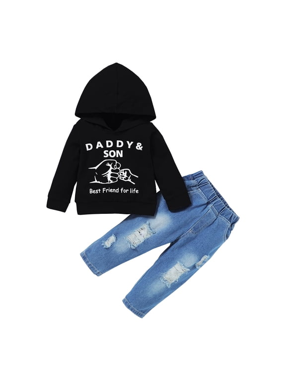 3T Baby Boy Clothes Baby Boy Outfits Hooded Long Sleeve Letter Print Tops Ripped Jeans Pants Set 4T Baby Boy Fall Clothes Black