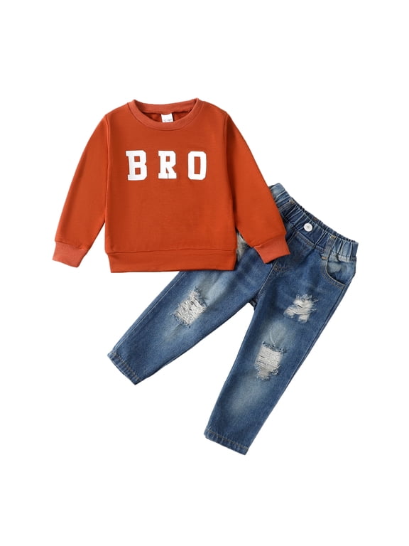 3T Baby Boy Outfits 4T Boys Fall Winter Clothes Toddler Boys Long Sleeve Letter Print Top Jeans Pants 2PCS Set Brown