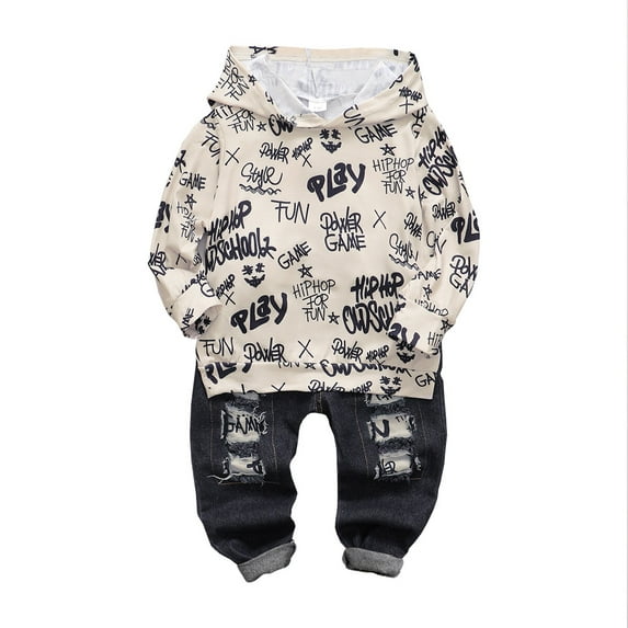 3T Baby Boys Clothes Baby Boy 2PCS Outfits 3-4T Boys Letter Print Long Sleeve Hooded Top Jeans Pants Set