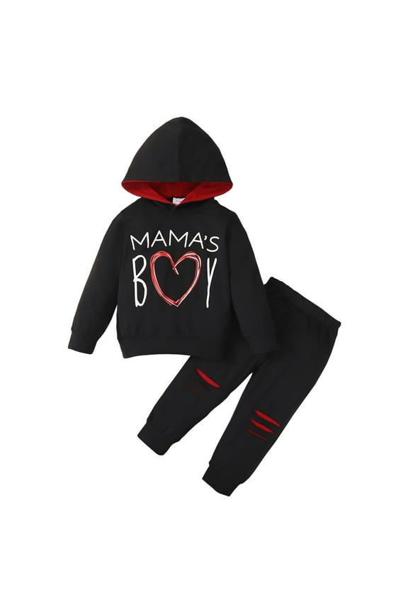 3T Baby Boys Clothes Baby Boy Outfits 3-4T Toddler Boys Letter Print Long Sleeve Hooded Tops Ripped Pants 2PCS Set Black