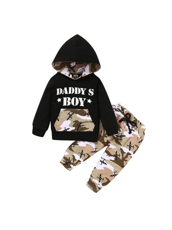 3T Baby Boys Clothes Baby Boys 2PCS Outfits 3-4T Boys Letter Print Long Sleeve Hooded Top Camouflage Pants Set Black
