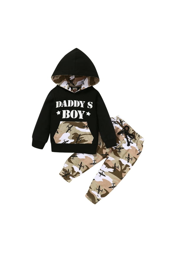 3T Baby Boys Clothes Baby Boys 2PCS Outfits 3-4T Boys Letter Print Long Sleeve Hooded Top Camouflage Pants Set Black