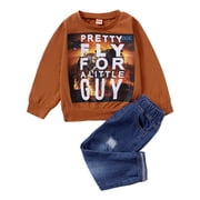 3T Baby Boys Clothes Baby Boys 2PCS Outfits 3-4T Boys Letter Print Long Sleeve Round Neckline Top Jeans Pants Set Brown