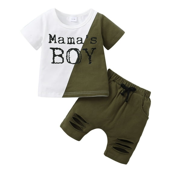 3T Baby Boys Clothes Baby Boys 2PCS Outfits 3-4T Boys Letter Print Short Sleeve Round Neckline Top Ripped Shorts Set Army Green