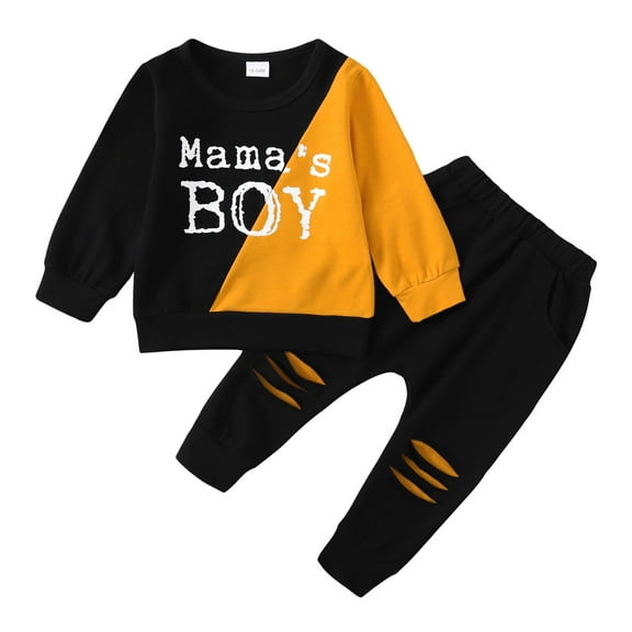 3T Baby Boys Clothes Baby Boys Outfits 3-4T Boys Letter Print Long Sleeve Round Neckline Tops Ripped Pants 2PCS Set Black