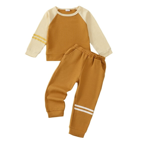 3T Baby Boys Outfits 4T Boys Fall Winter Clothes Toddler Boys Long Sleeve Color-blocked Top Pants 2PCS Set Khaki